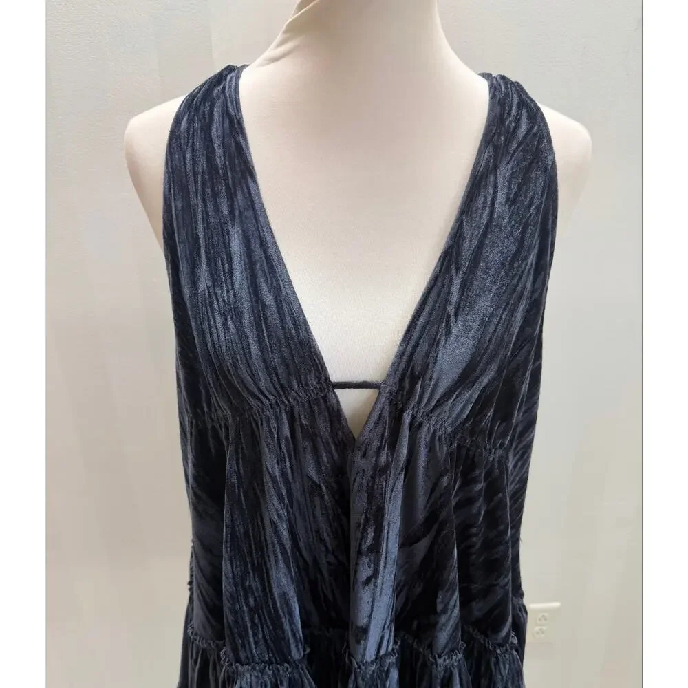 Free People Blue Velvet Tunic Top Boho Tiered Ruffle Deep V Back Tie Sz S